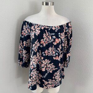 J Jill Womens XL Petite Navy Floral Off Shoulder Top 3/4 Sleeve Blouse Shirt